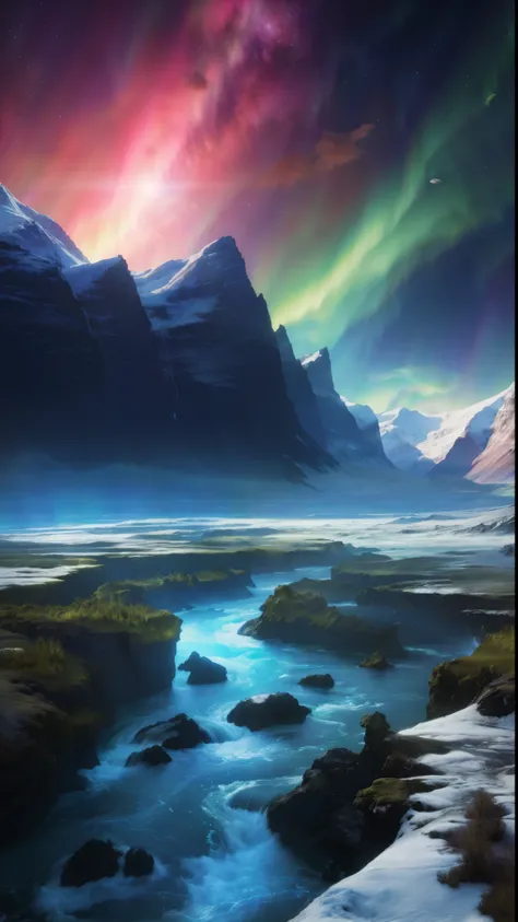 Photo of a mountain landscape with a stream and a colorful aurora, impressive fantasy landscape, jessica rossier fantasy art, beautiful alien landscape, stunning alien landscape, epic dreamlike fantasy landscape, sci-fi fantasy wallpaper, alien breathtakin...