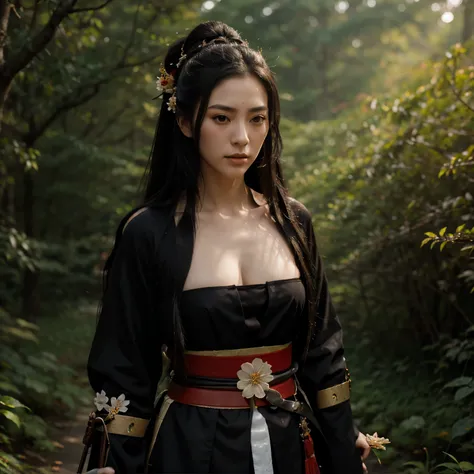 Create the image of a female samurai, long black hair, flower in her hair, without deformations on her face and body, with her sword, in the forest 