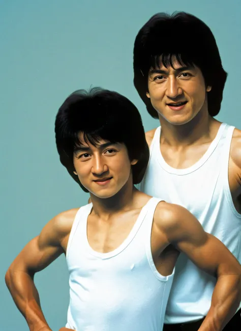 Imagine a young Jackie Chan wearing a white tank top vest inspired by the best kid actor。, Striking martial arts poses with the agility and charisma of a legendary action star. please.