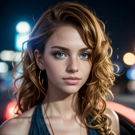 a pretty american woman , sexy poses, slim, blur background, focus,1girl ,in a van, night, lights, full body, close-up, 8k, RAW photo, best quality, masterpiece, realistic, photo-realistic, a beautiful American woman, red curly hair with blonde highlights,...