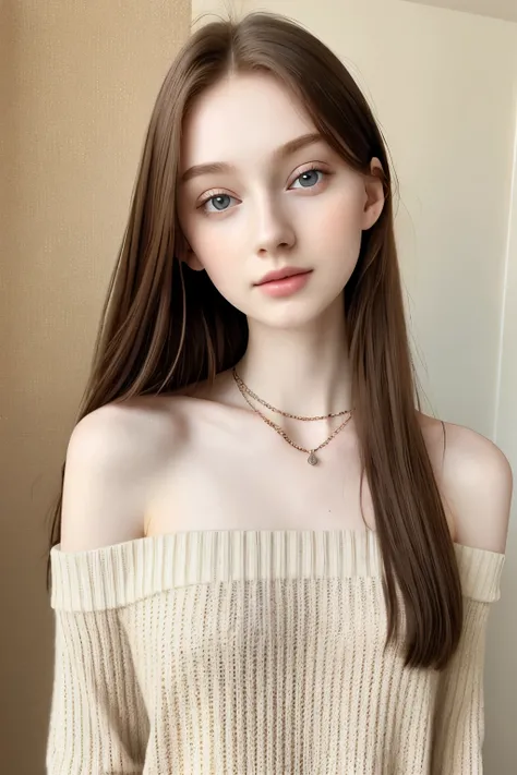 1girl in, age19, pale skin, Solo, Long hair, Looking at Viewer, brownhair, Bare shoulders, Brown eyes, jewely, looking directly at viewer, a necklace, off shoulders, Sweaters, Realistic, cute, skinny