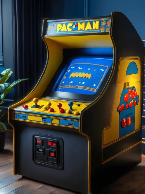 (masterpiece, best quality:1.2), a 1979 retro "pac-man", perfectly restored to it's original condition, yellow cabinet with (pac...