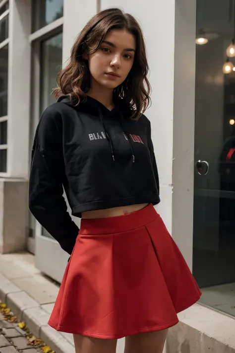 (best quality, highres, ultra-detailed), german brunette emo girl with curly hair, Black crop hoodie, Red emo skirt