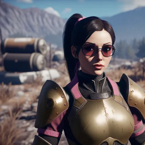 Japanese woman with long black hair and ponytail wearing pink armor, clear lens pink glasses, Fallout 76