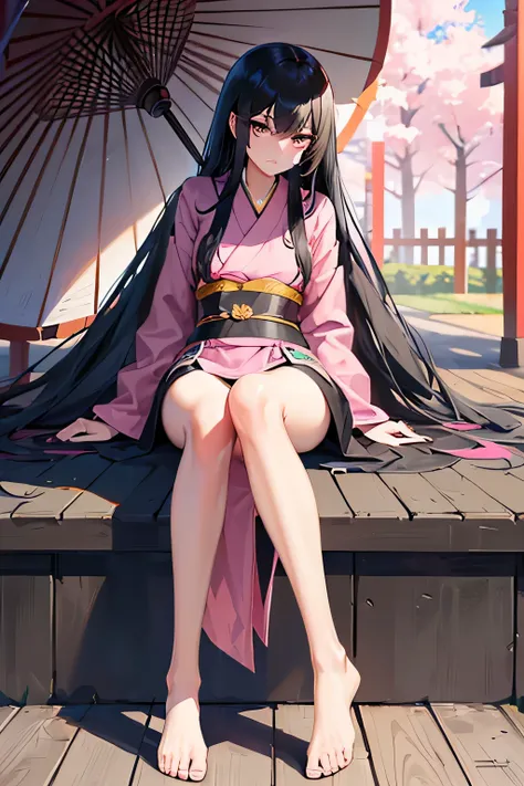 ((long legged woman)), ((long black hair)), ((wearing a pink kimono)), ((sitting under a pagoda)), ((full body))