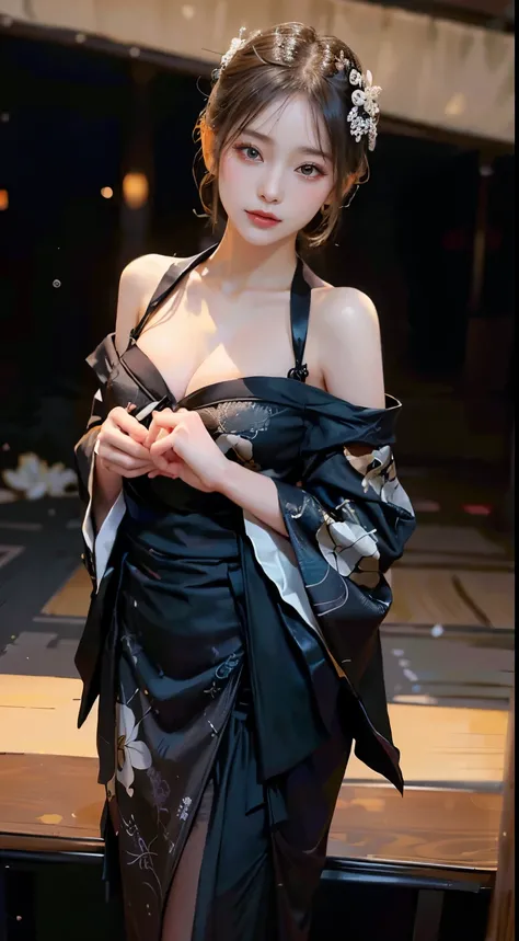 In a serene ambiance, a woman commands attention in the timeless elegance of a black kimono. The sleek black fabric, adorned with subtle patterns, gracefully drapes her figure, emanating a sense of sophistication. The obi ties around her waist with a refin...