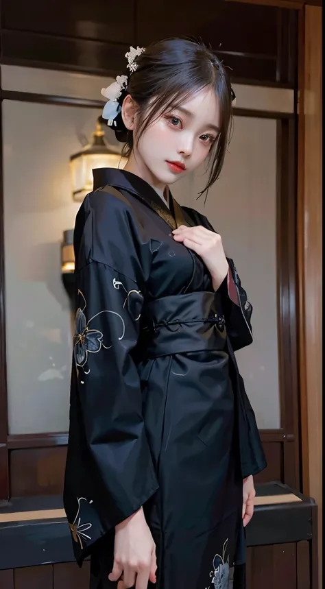 In a serene ambiance, a woman commands attention in the timeless elegance of a black kimono. The sleek black fabric, adorned with subtle patterns, gracefully drapes her figure, emanating a sense of sophistication. The obi ties around her waist with a refin...