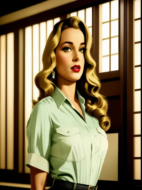 tem uma mulher com camisa verde e faixa preta, Kenton Nelson, retro Modelo Pinup, comic pinup style, inspirado em Art Frahm, Martin then portrait of artwork, margot robbie em gta v, inspirado em Earle Bergey, Direction: Tina Blondell, Modelo Pinup, artgasm...