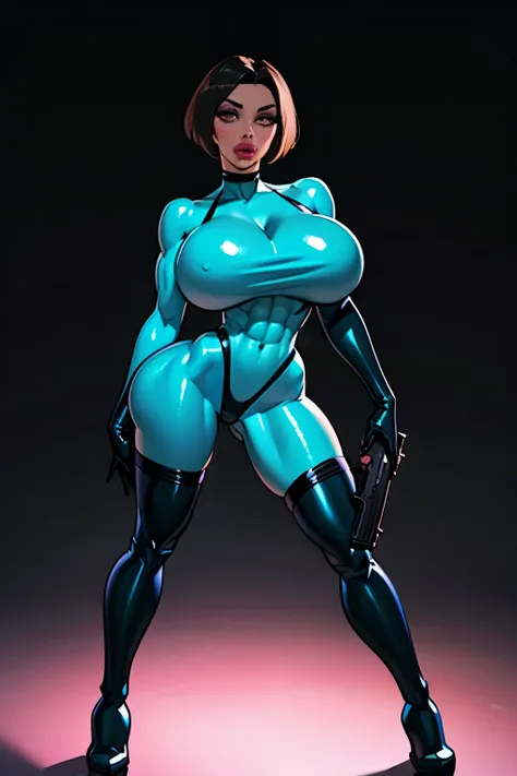 Generate a realistic illustration of a mature Madeline Fenton (Danny Phantom), ((blue bodysuit)), black gloves, (Aletta ocean face), blunt bobcut,  de terno preto, straight hair, (dark brown hair), ((black torso)), ((slendered abs:1.4)), black gun holster,...