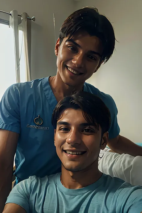 Handsome 23 year old Argentinian boy smiling, cabello negro, corto, acostado cama hospital, rostro con heridas de accidente, cicatriz en la mejilla izquierda, Yeso en el brazo izquierdo, selfie, remera azul, fondo habitacion de hospital cara