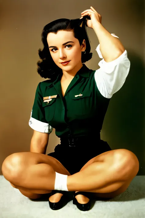 mulher arafed com longos cabelos pretos e uma camisa branca, 1 9 4 0 s corte de cabelo, tampa de tela, mas um olhar severo sobre ela, captura de tela do filme, captura de tela de um filme, ( Arte Fitzpatrick ), 1 9 4 2, 1942, 1 9 4 0 s, 1940s, 1944