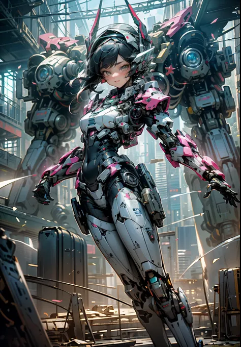 ((melhor qualidade)), ((obra de arte)), (muito detalhado:1.3), 3D, Shitu-Mecha, Beautiful cyberpunk woman with her pink mech in the ruins of a city in the forgotten war, Tecnologia Antiga, HDR (High-range dynamics), rastreamento de raio, NVIDIA RTX, Super ...