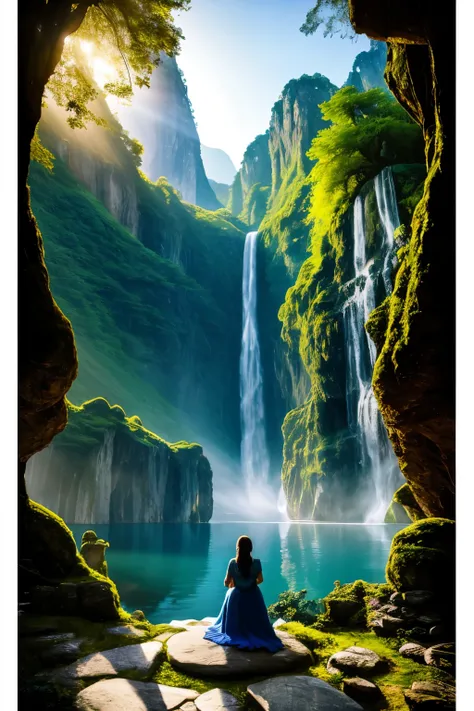 A woman in deep contemplation, nestled among ancient stones in a mystical place, surrounded by ethereal foliage and shimmering crystals. The ambiance is serene, filled with a sense of tranquility and otherworldly beauty. The sunlight filters through the ca...