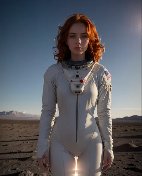 1girl, skin pores texture, ((redhead)) with ((2 buns hair)), blue eyes, ((Joana Gate)) 23 years old, piercing eyes, HD , Photography, movie, cinematic, ((slim waist)), ((full body spacesuit)), ((astronaut helmet)), ((standing on the moon)), ((planet earth ...