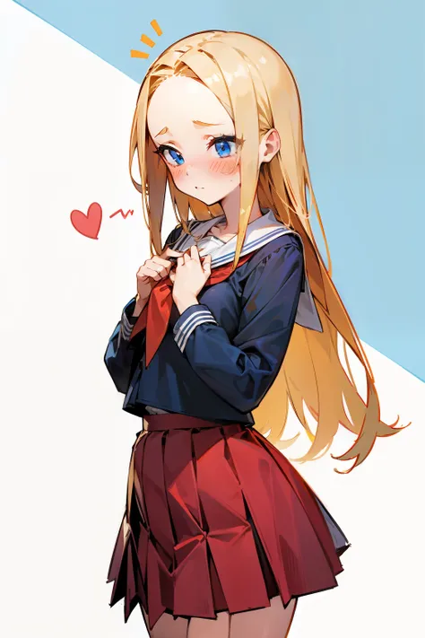 1girl, short size , long blonde hair, blue eyes, school uniform, red skirt, flat chest, blushing, shy, big forehead