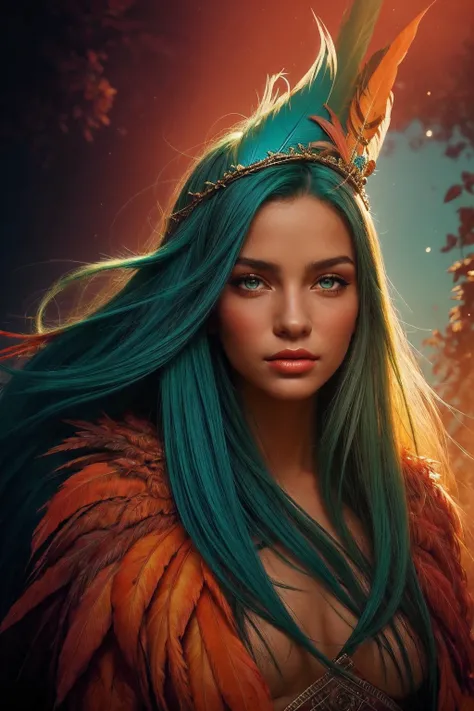 a red feathered woman with green hair and feathers, in the style of christopher balaskas, in the style of marc simonetti, afro-caribbean influence, dark cyan and light amber, fairycore, glowing colors, soft edges and atmospheric effects, tender depiction o...