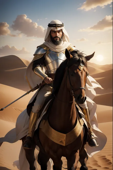 An evocative close-up illustration of an Arab knight, proudly seated atop his galloping steed, in the midst of the vast desert landscape. The knight, with strong, defined features and a distinguished beard, wears traditional armor adorned with intricate go...