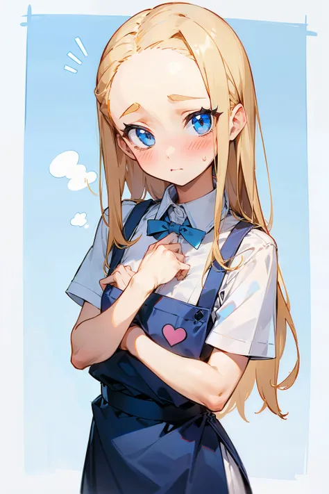 redraw, 1girl, short size , long blonde hair, blue eyes, blue apron, white collared shirt, short sleeves, flat chest, blushing, shy, big forehead