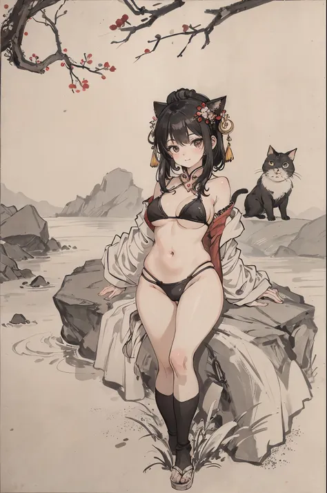 traditional chinese ink painting,girl in bikini and cat