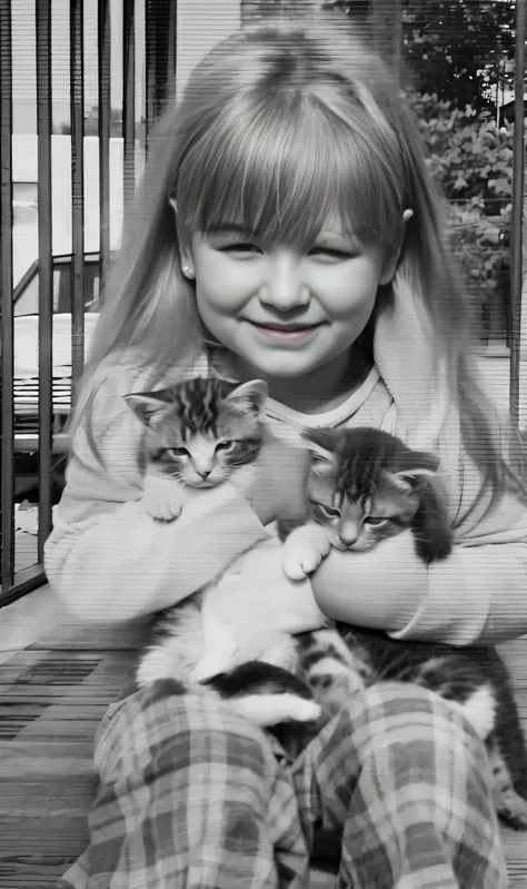 there is a girl holding two kittens on a porch, con gatos a su lado, grainy monochrome photo, Foto granulada en blanco y negro, Foto granulada en blanco y negro, foto granulada, foto granuladagrafia, hermosa joven gatita, crazy cat lady, low quality grainy...