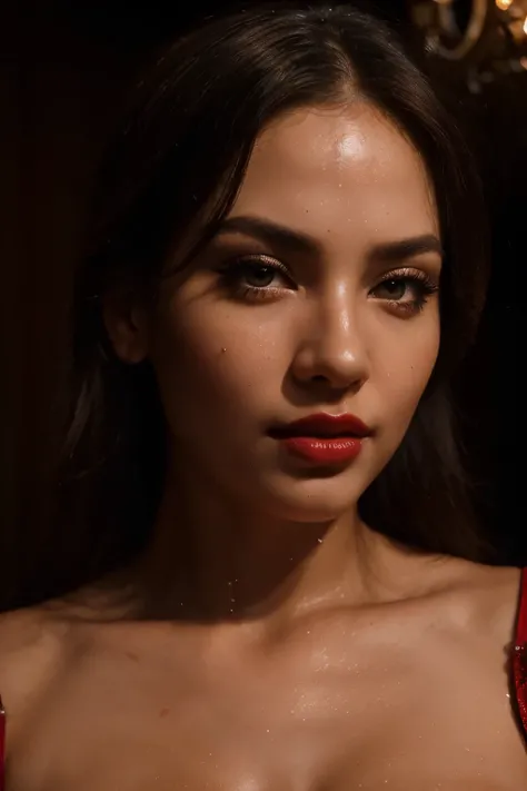 (best quality,ultra-detailed,realistic:1.37), portrait, seductive gaze, glowing skin, luscious red lips, dramatic lighting, high contrast, sultry atmosphere, intricate cheek detail, vibrant colors, intense beauty, glamorous expression, flawless complexion