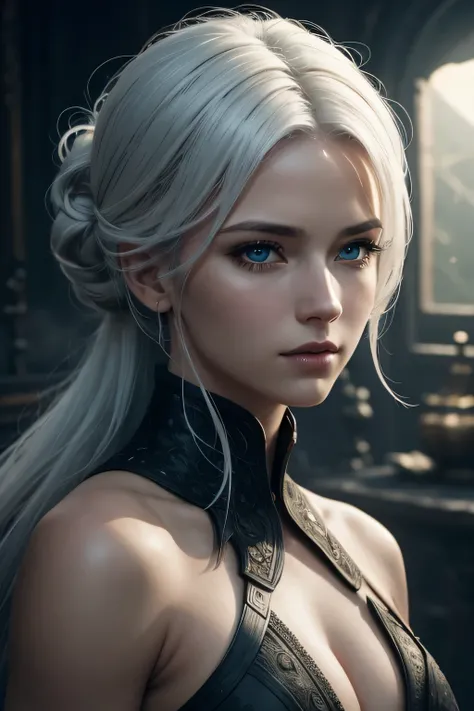 high resolution, masterpiece, highly detailed, 8k, cinematic lighting, field of depth, beautiful woman, warrior, white hair, messy updo