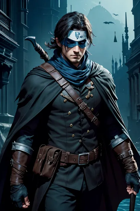 dark haired masculine hero in black cape and eye mask plus bandanna with blue Y on forehead underwater bloodborne hunter