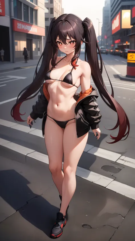 artwork, best quality, HuTaoV4, 1 girl, alone, blushing, twintails, long hair, hair between eyes, standing, full body photo, medium breasts, (muscular legs), black nails, ((wearing a bikini very short and sexy)), CITY, outdoor, night, Movie Poster, 8K extr...