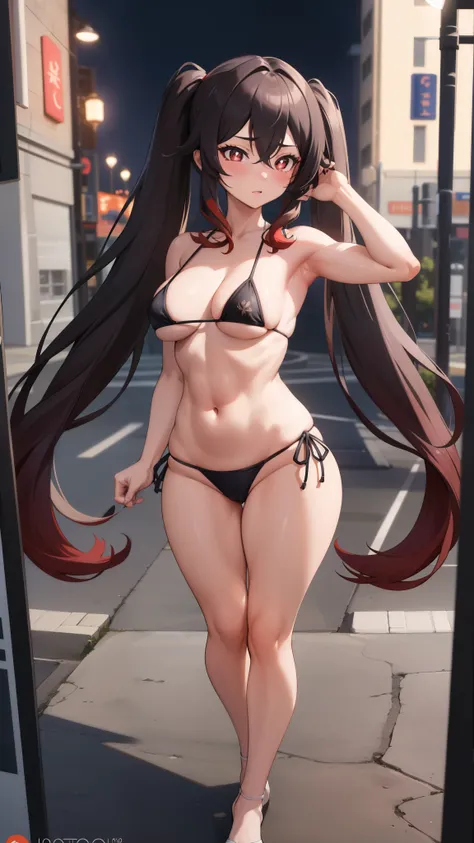 artwork, best quality, HuTaoV4, 1 girl, alone, blushing, twintails, long hair, hair between eyes, standing, full body photo, medium breasts, (muscular legs), black nails, ((wearing a bikini very short and sexy)), CITY, outdoor, night, Movie Poster, 8K extr...