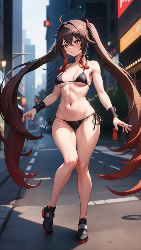 artwork, best quality, HuTaoV4, 1 girl, alone, blushing, twintails, long hair, hair between eyes, standing, full body photo, medium breasts, (muscular legs), black nails, ((wearing a bikini very short and sexy)), CITY, outdoor, night, Movie Poster, 8K extr...