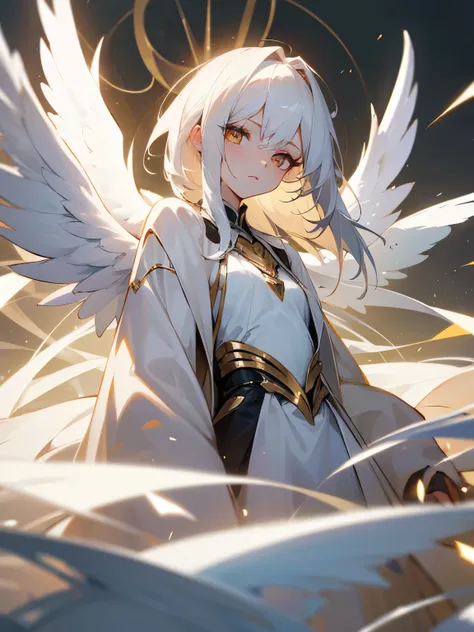 queen of angels, white hair, golden eyes (lighting), white wings,