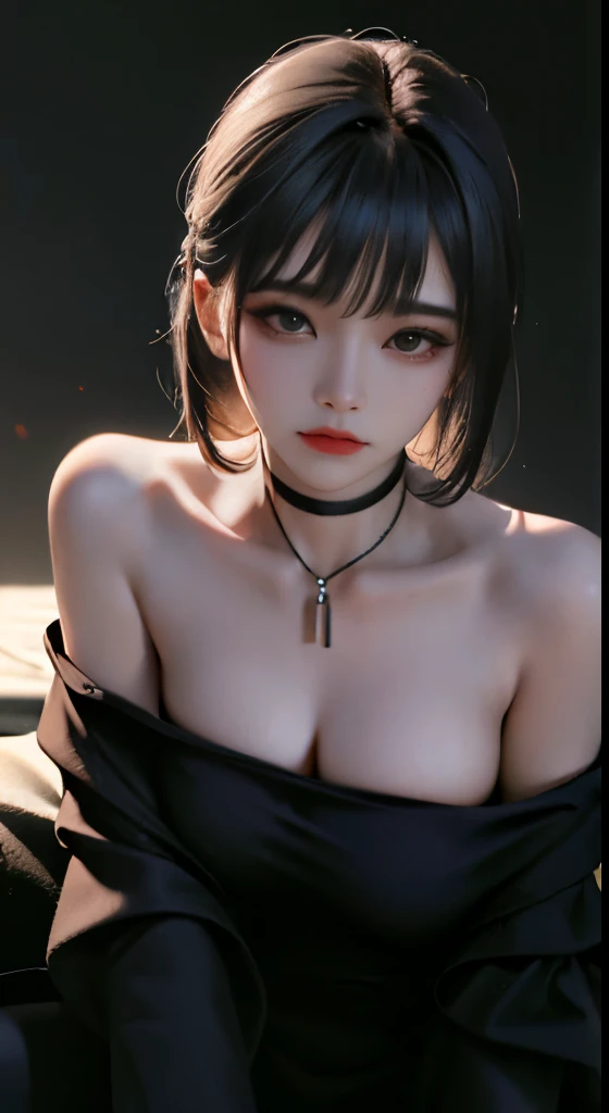 highest quality, masterpiece, ultra high resolution, (realistic:1.5), RAW photo, 1 girl, off shoulder, in the dark, deep shadow, discreet key, cold light, sexy look, Black shorthair、陰影、