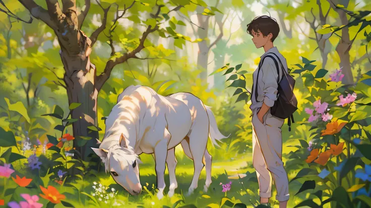 (((16 years old Young Tall Slim Boy in Casual White Shirt casual black trouser))), (((a white horse))), (((a Wiggly white and light brown Dog))), (((a Squirrel))),The surrounding trees and bushes are a vibrant tapestry of life, their branches adorned with ...