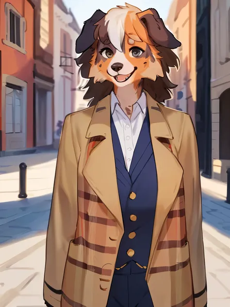 by bebebebebe, by lostgoose, by goonie-san, solo, female, standing, ((snout, hair, australian shepherd)), detailed eyes, french city, open mouth, smiling, happy, ((designer clothes, burberry))