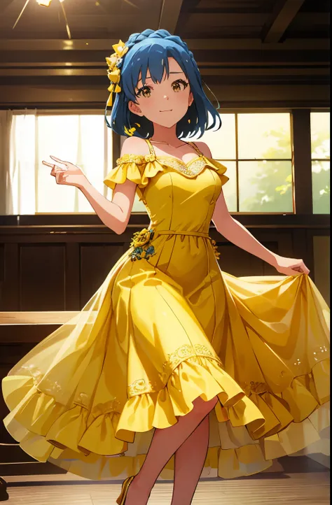 yuriko nanao (million live), 1 girl, Solo, Cute Girl, Best Quality, Ultra-detailed, 8K, High resolution, Detailed face, Bob Hair, looking at viewer, smile, ((yellow dress, long dress, lacy dress, pumps)),