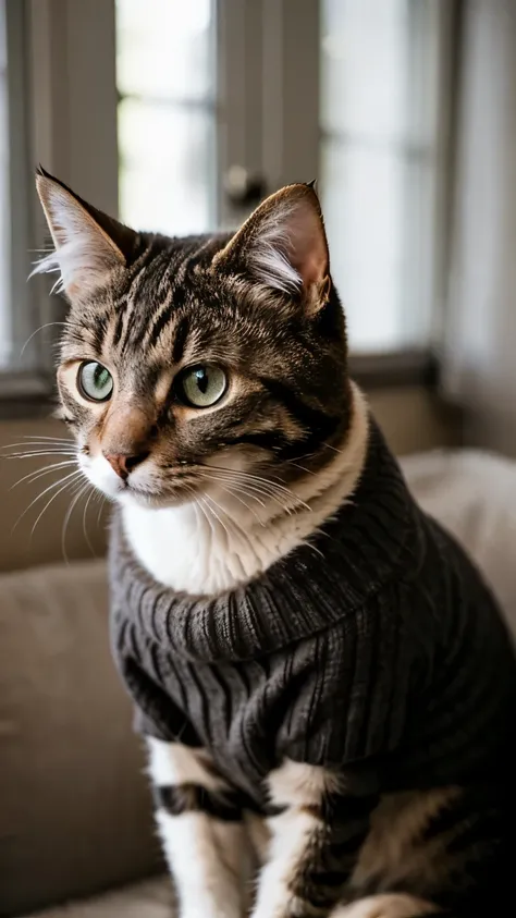 closeup of an cat furry wearing a wool sweater, high quality photography, 3 point lighting, flash with softbox, 4k, canon eos r3...