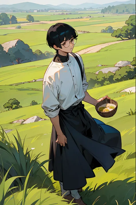 black hair, bowl cut, casual tavern clothes, circle glasses, grassland landscape, lean male,