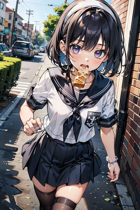 body 8 times longer than head, (Highly detailed CG unity 8k), (highest quality)，(very detailed)，(ultra high resolution), black hair, High school girl wearing a navy sailor suit, Anime 2D rendering, realistic young anime high school girl, ((White headband))...