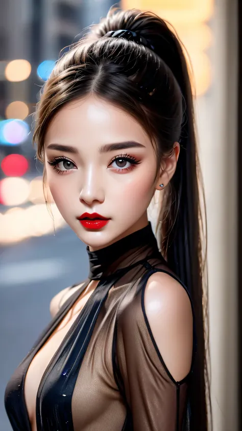 （8K， RAW photos， best qualtiy， tmasterpiece：1.2)，（real， photograph realistic：1.4)，(detailed street:1.4), The ultra -The high-definition、high high quality， highdetailskin，(beautiful 20 years old 1 girl:1.2), evening gown, (large breasts:1.25), (small head:1...