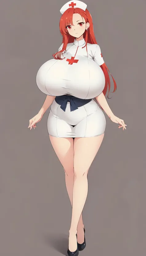 SFW, (nurse clothes), (gigantic breasts, huge breasts, Big breast), arms behind back, firm breasts, slim waist, curvy figure, (red_hair, red_eyes), long hair, full body