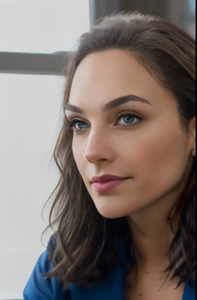 close up portrait of a gldot sitting in her Executive ceo office, (backlighting), ((blue eyes )), realistic, masterpiece, highest quality, beautiful, soft skin, smirk, stunning