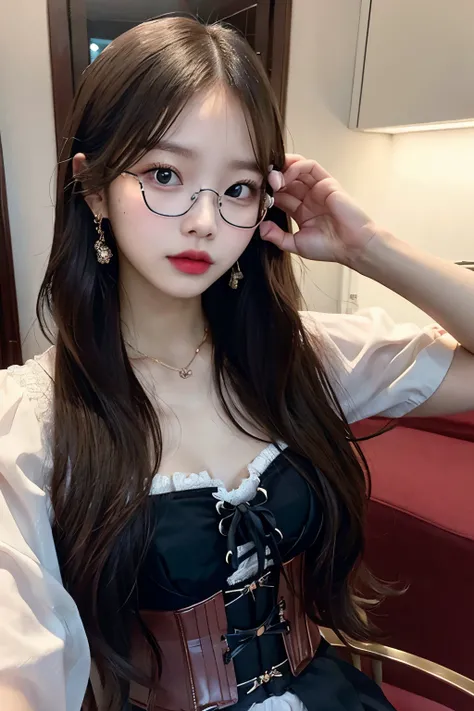 Jennie de Blackpink mirando a la camara, wearing a corset and looking at the camera, with glasses and small face