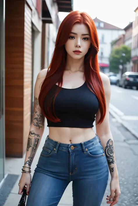 An attractive woman with red hair and a serious face, tatuada, jeans, jaqueta de couro, hiper realista absurdo, foto crua, 8K UltraHD, alta qualidade, Film grain, (pele altamente detalhada:1.2)