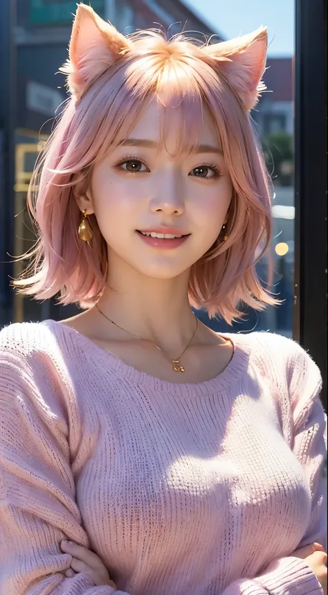 masterpiece, highest quality, official art, Highly detailed CG Unity 8K wallpaper, single girl, ultra high resolution, (realistic: 1.4), golden hour lighting, pink sweater dress, (Upper body), (K-POP idol), (attractive: 1), (Platinum Short Hair: 0.8), ((pu...