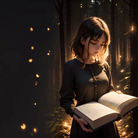 Woman holding a dusty diary battling against a shadow in a forest at night full of fireflies around her