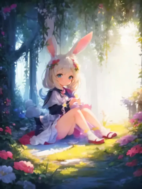 highest quality,masterpiece,16K or 8K,Super detailed,white background, blondhair kemono,girl,(long floppy rabbit ears),rabbit story, golden eyes, Big eyes ,Flowers and colorful plants, beautiful,magical forest,colorful butterflies,cute,fantasy, pastel acad...