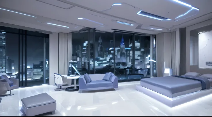 futuristic floor、Futuristic bed、Futuristic sofa、marble crystal floor、night、窓の外は大都会のnight景