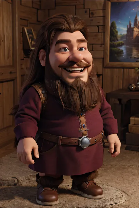 3d pixar cool character dwarf, long hair, long beard, smiling really big, wearing maroon colored clothing, image size landscape style