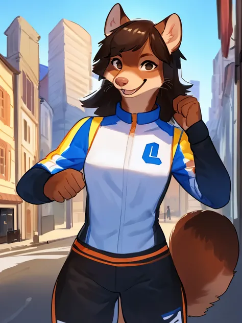 by bebebebebe, by lostgoose, by goonie-san, solo, female, standing, ((snout, hair, weasel)), detailed eyes, french city, open mouth, smiling, happy, motorsport uniform