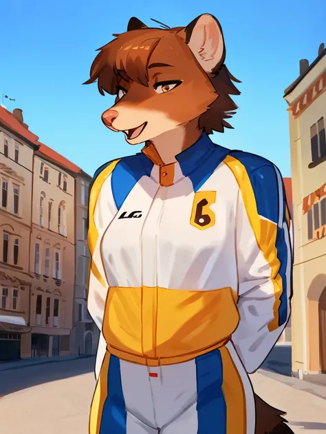 by bebebebebe, by lostgoose, by goonie-san, solo, female, standing, ((snout, hair, weasel)), detailed eyes, french city, open mouth, smiling, happy, motorsport uniform